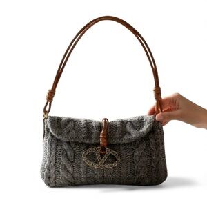 Valentino Vintage Cashmere Catch Shoulder Bag Gray Cable Knit, Swarovski Crystal
